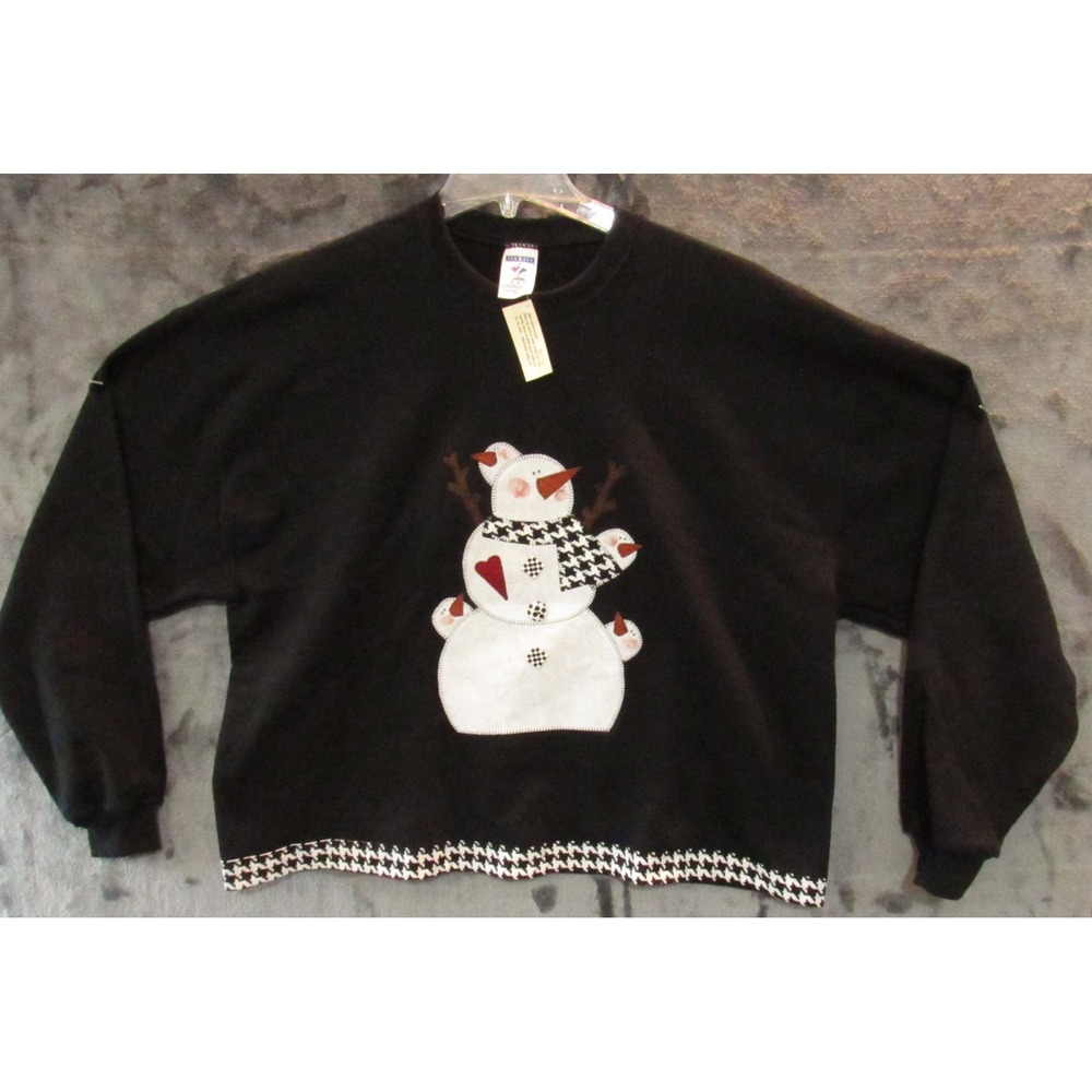 Jerzees Handmade Snowman Christmas Sweater BY Scrap Work Black XL with trim New